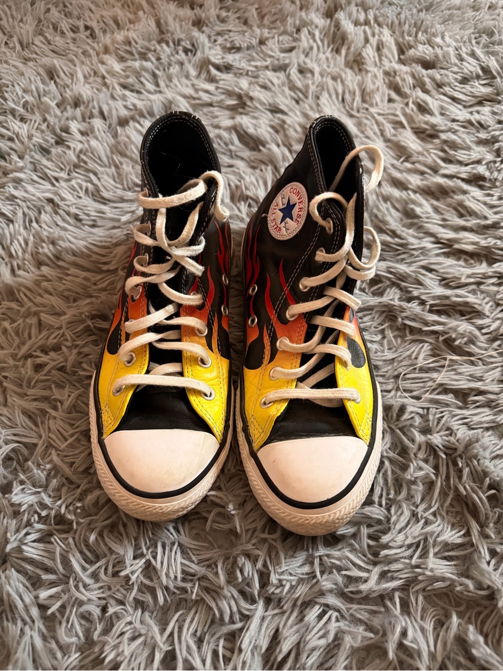 Converse Black High-Top Sneakers with Yellow and Orange Flame Detail
